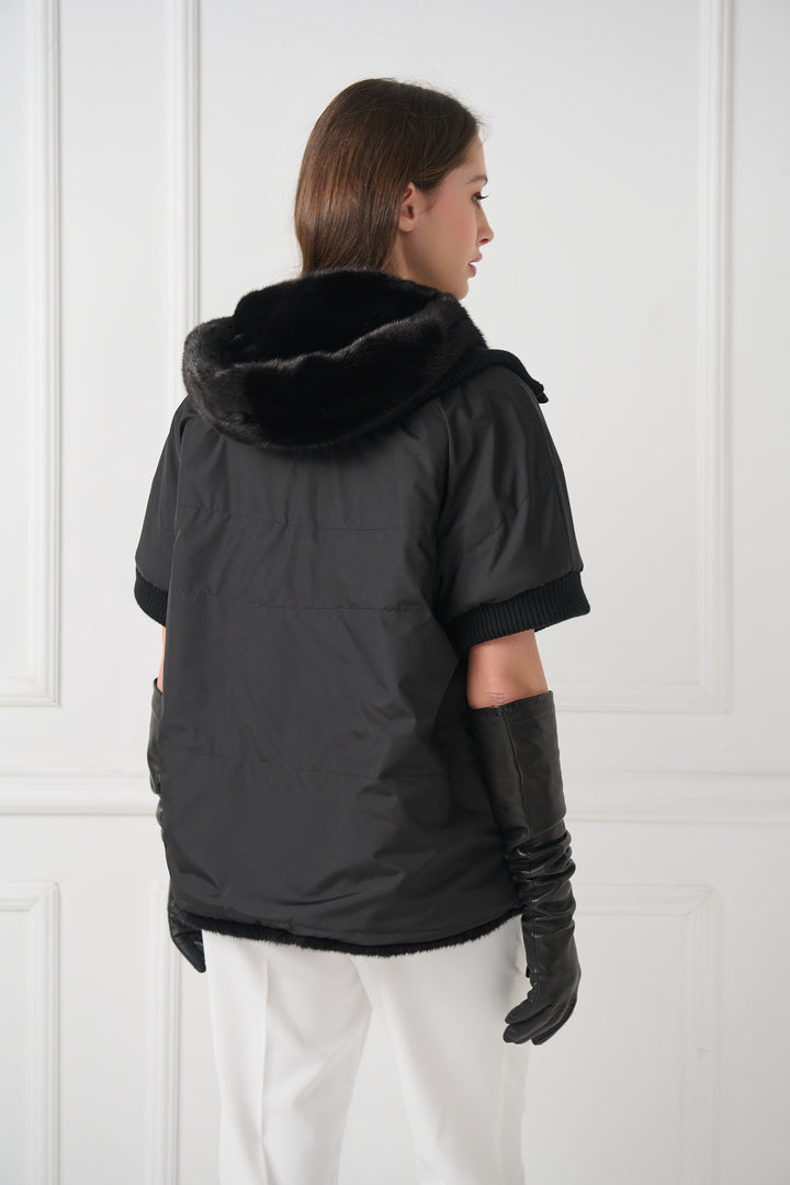 Reversible Hooded Mink Fur Jacket with Short Sleeves