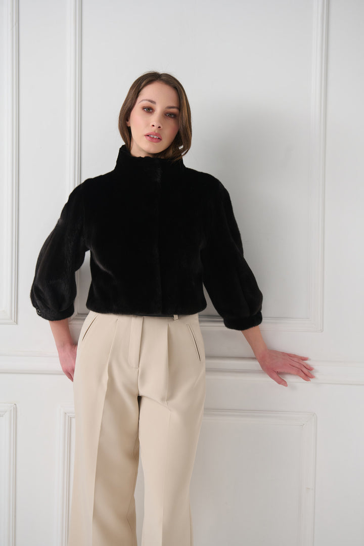 Cropped Mink Fur Jacket with Stand-Up Collar
