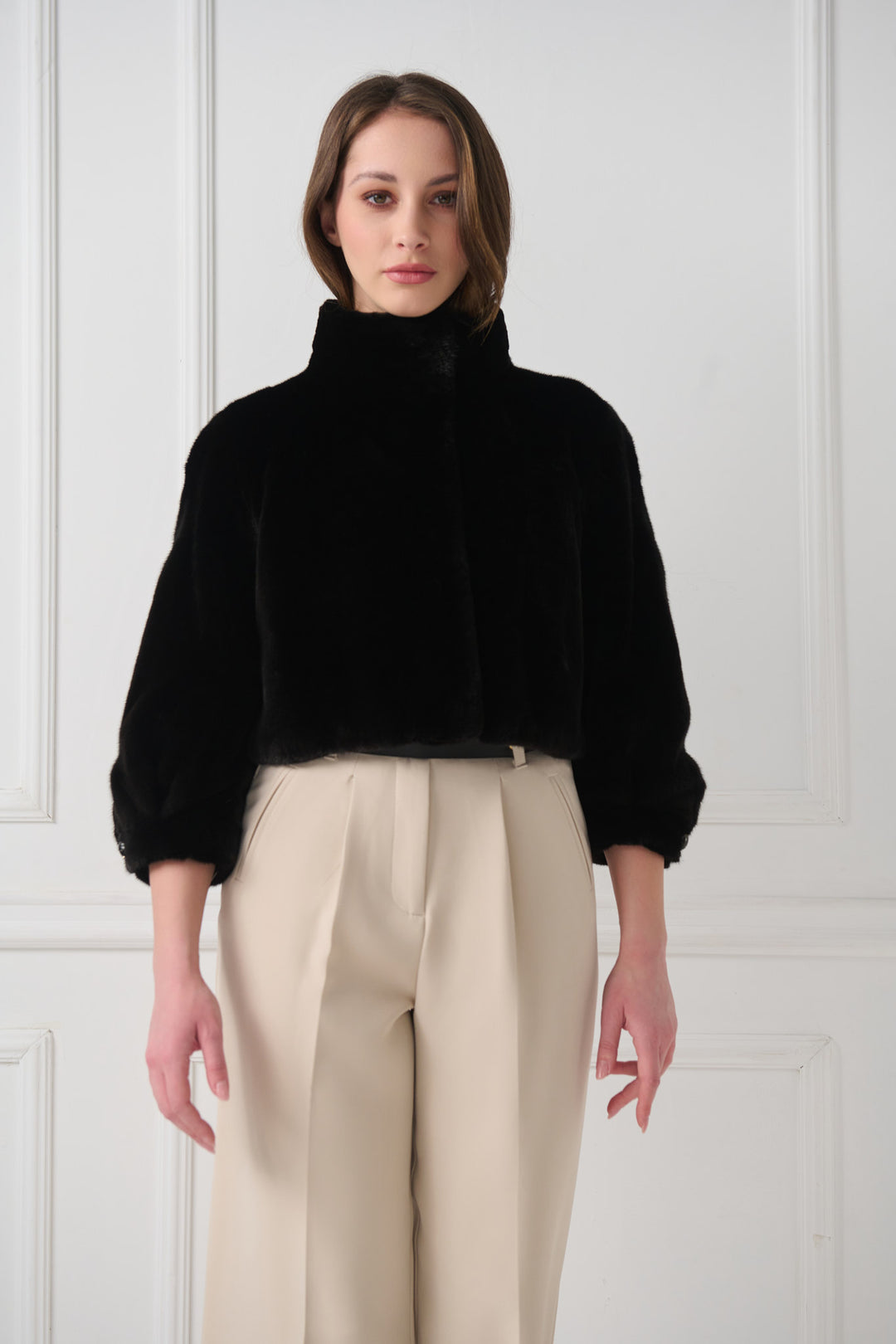 Cropped Mink Fur Jacket with Stand-Up Collar