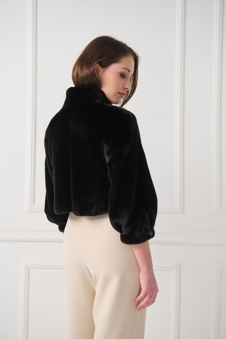 Cropped Mink Fur Jacket with Stand-Up Collar