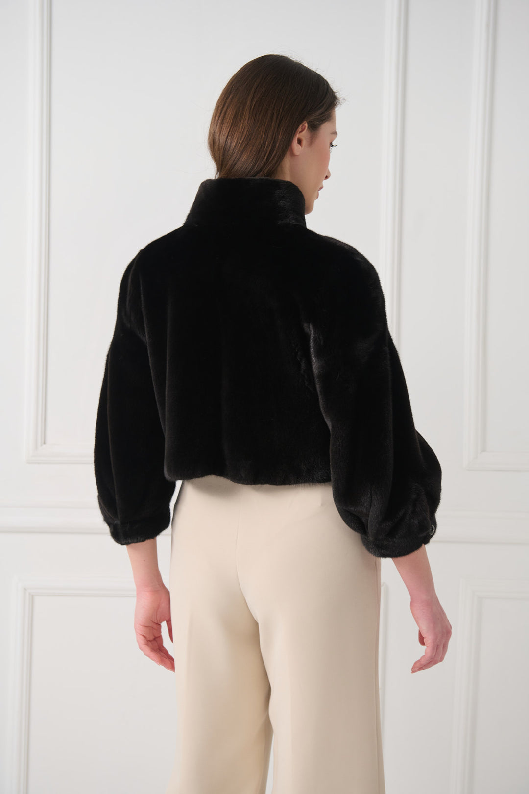 Cropped Mink Fur Jacket with Stand-Up Collar