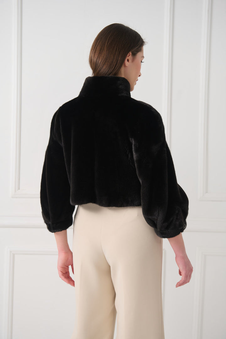 Cropped Mink Fur Jacket with Stand-Up Collar