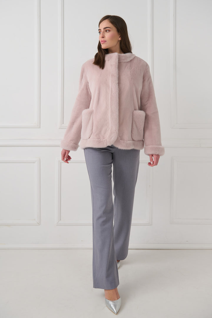 Giacca in visone tosato con dettagli in visone a pelo lungo