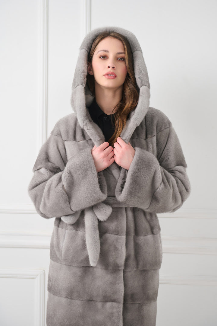 Hooded mink fur coat with belt