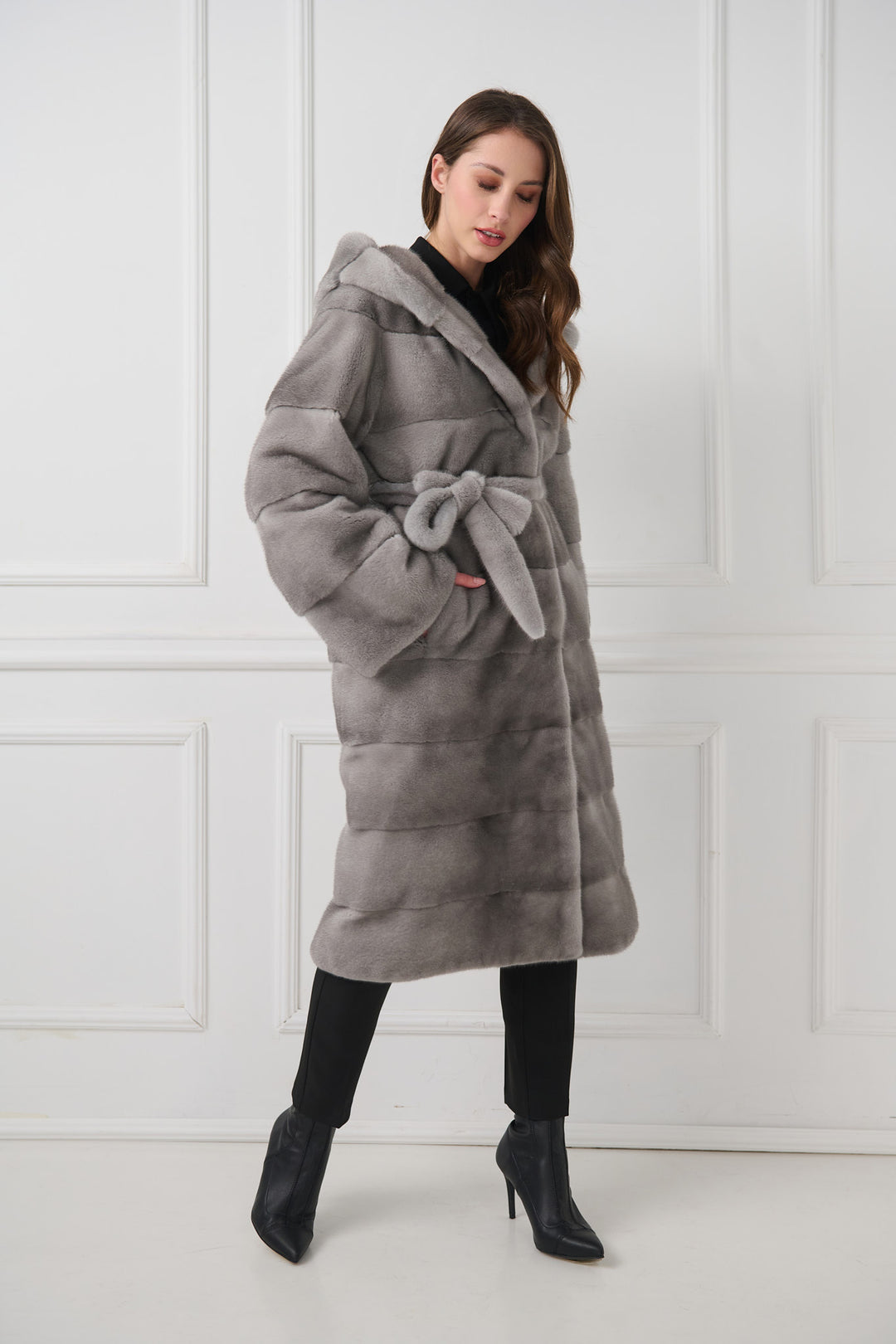 Hooded mink fur coat with belt