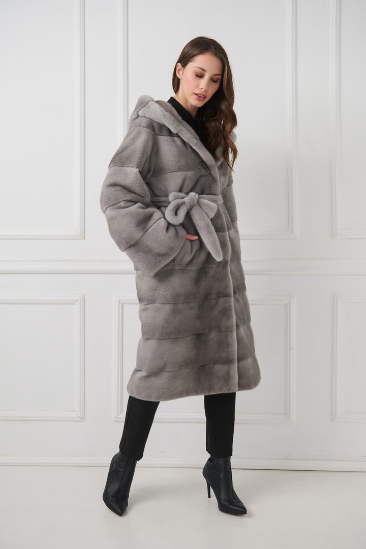Hooded mink fur coat with belt
