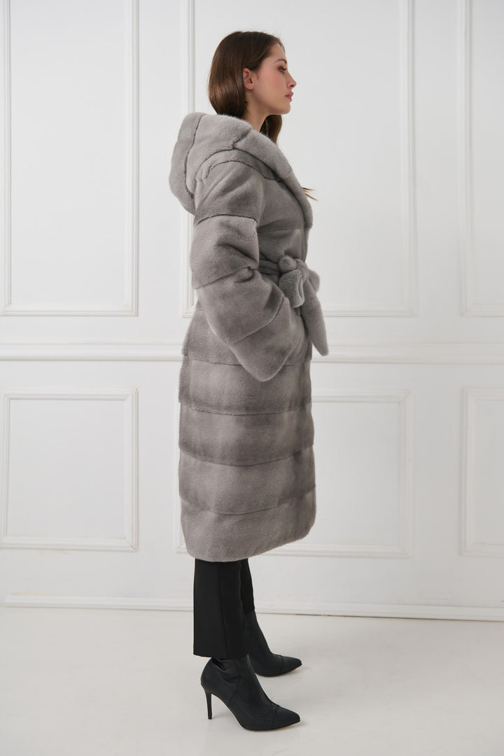 Hooded mink fur coat with belt