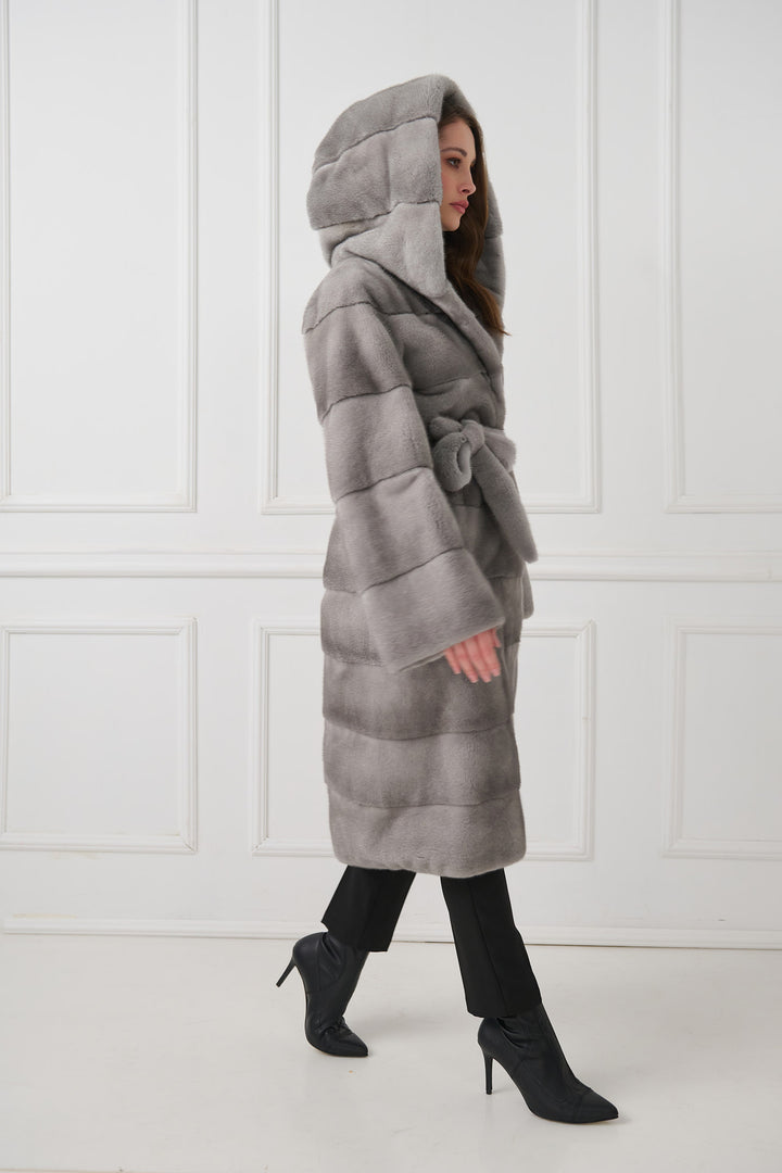 Hooded mink fur coat with belt
