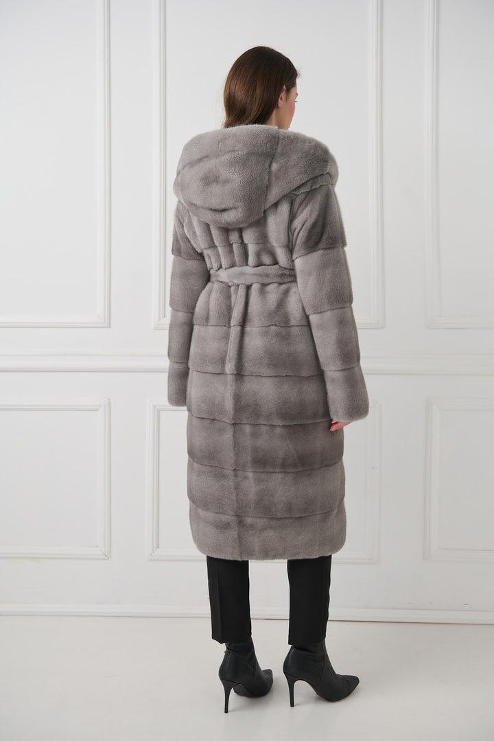 Hooded mink fur coat with belt