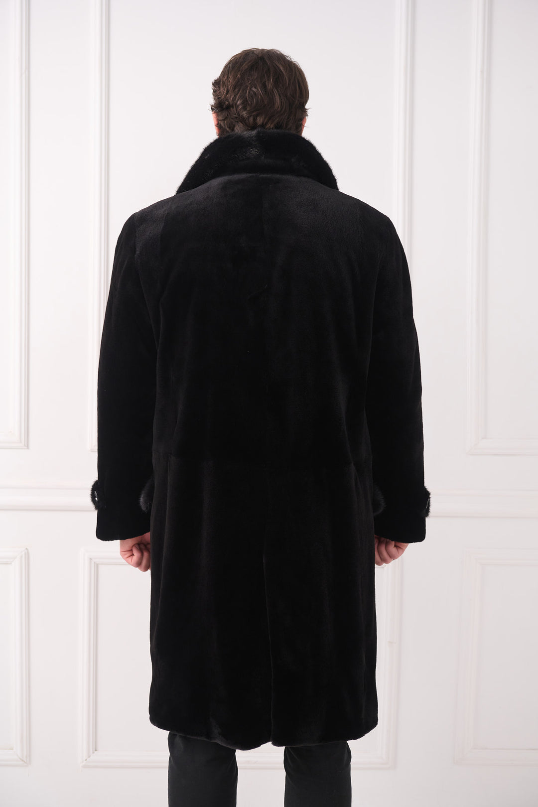 Мужское длинное пальто из стриженой норки с шалевым воротником
