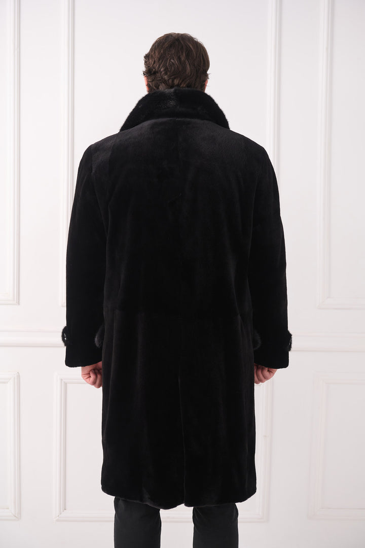 Мужское длинное пальто из стриженой норки с шалевым воротником