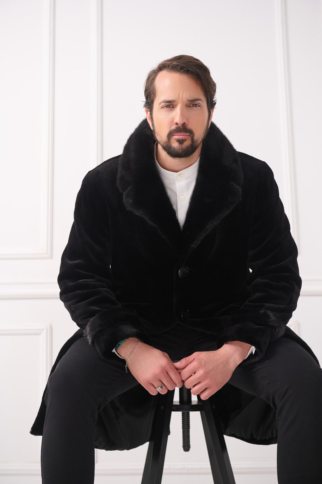 Мужское длинное пальто из стриженой норки с шалевым воротником