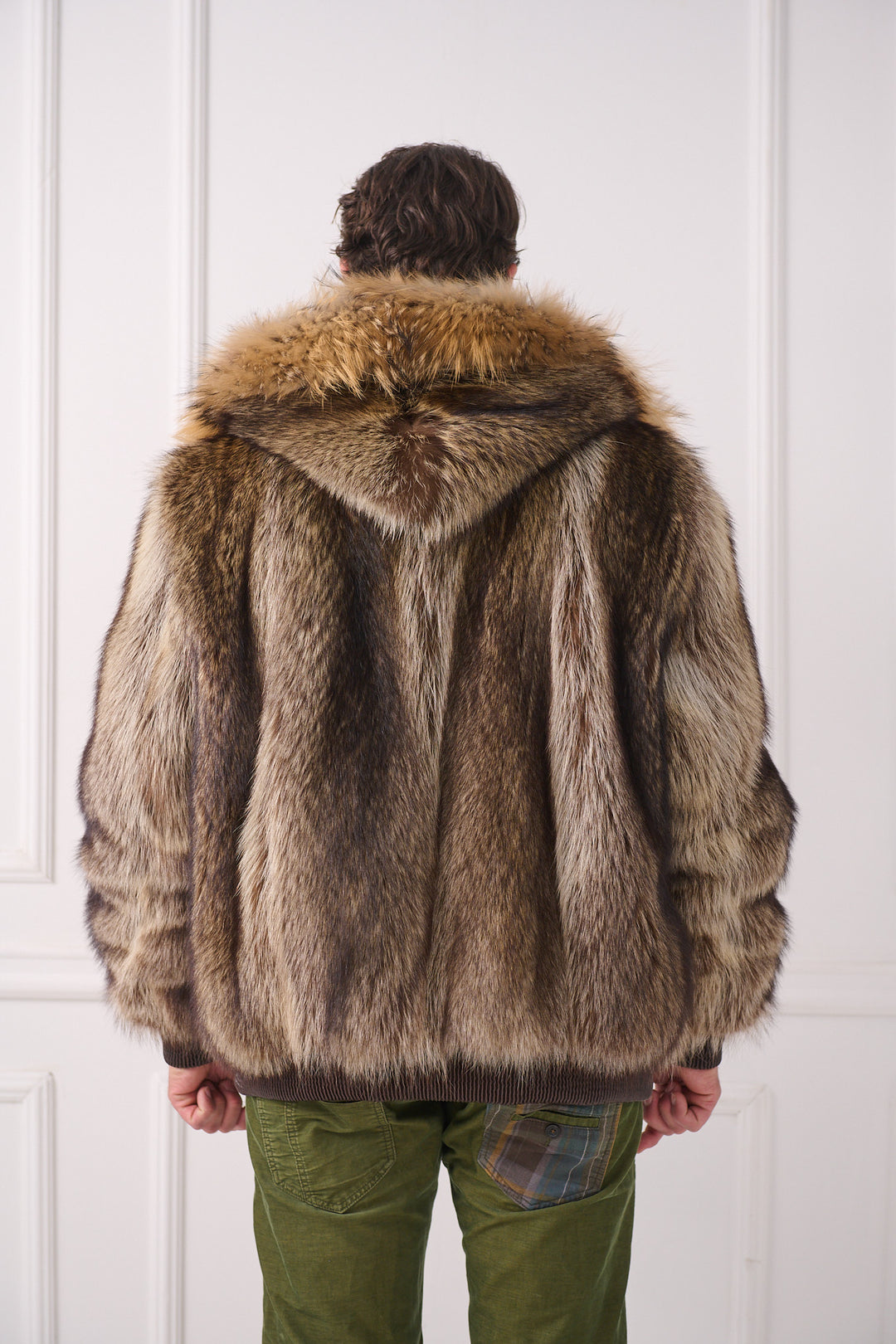 Veste pour homme en fourrure de raton laveur avec capuche en renard