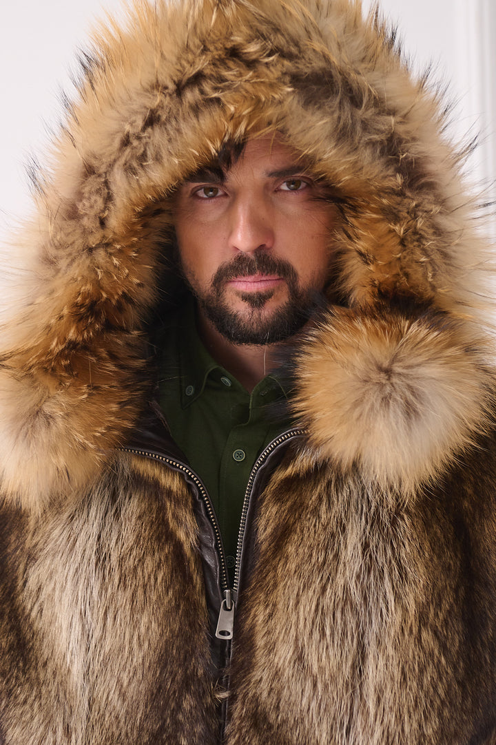Veste pour homme en fourrure de raton laveur avec capuche en renard