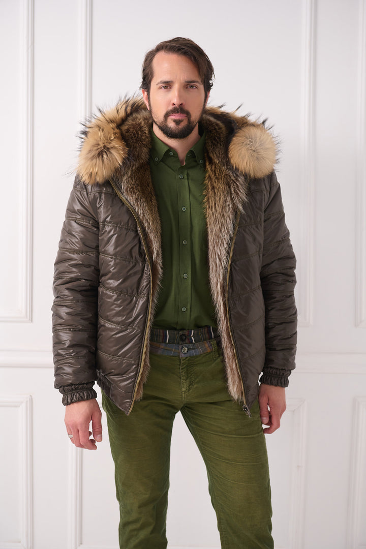 Veste réversible pour homme avec capuche renard et raton laveur