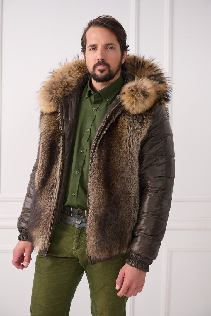 Veste réversible pour homme avec capuche renard et raton laveur