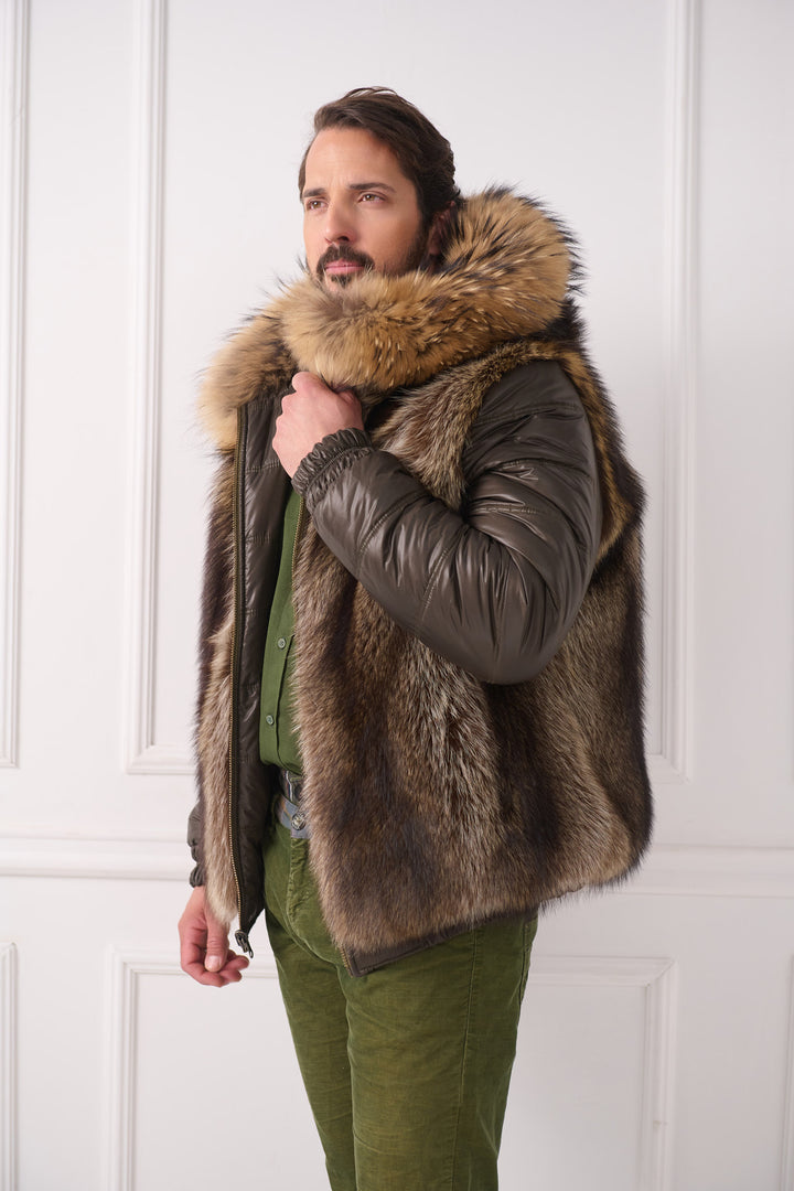 Veste réversible pour homme avec capuche renard et raton laveur