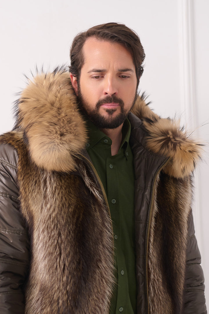 Veste réversible pour homme avec capuche renard et raton laveur