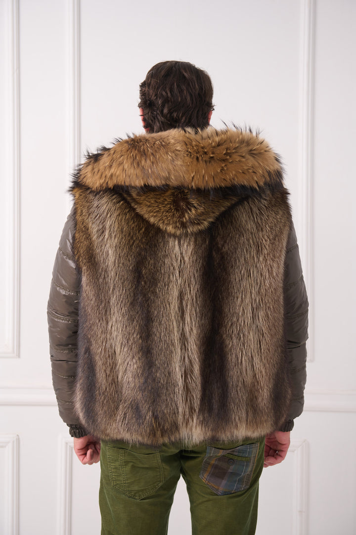 Veste réversible pour homme avec capuche renard et raton laveur