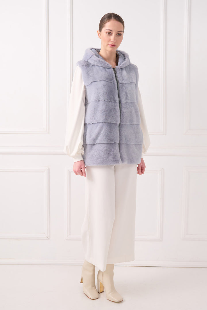 Hooded down vest with mink