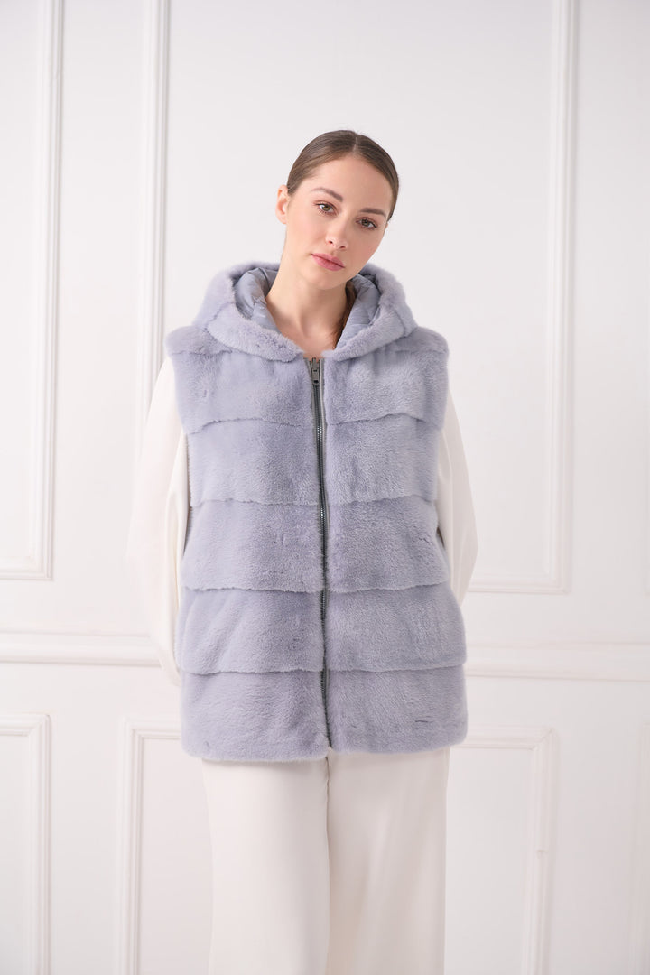 Hooded down vest with mink