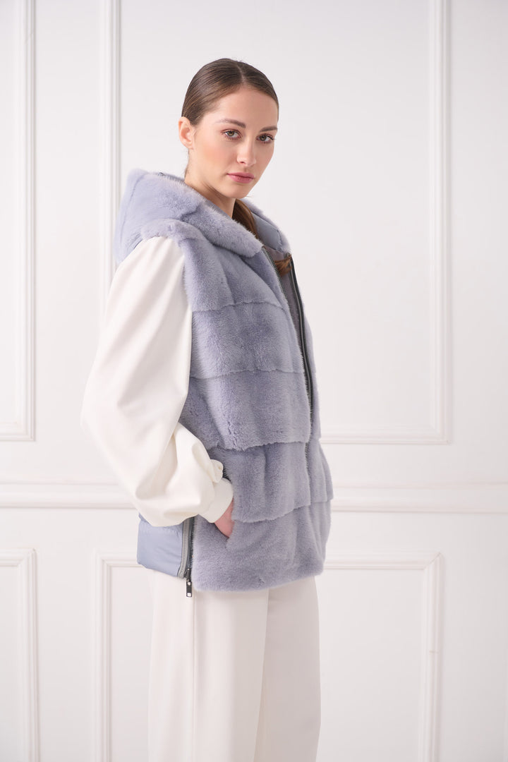 Hooded down vest with mink