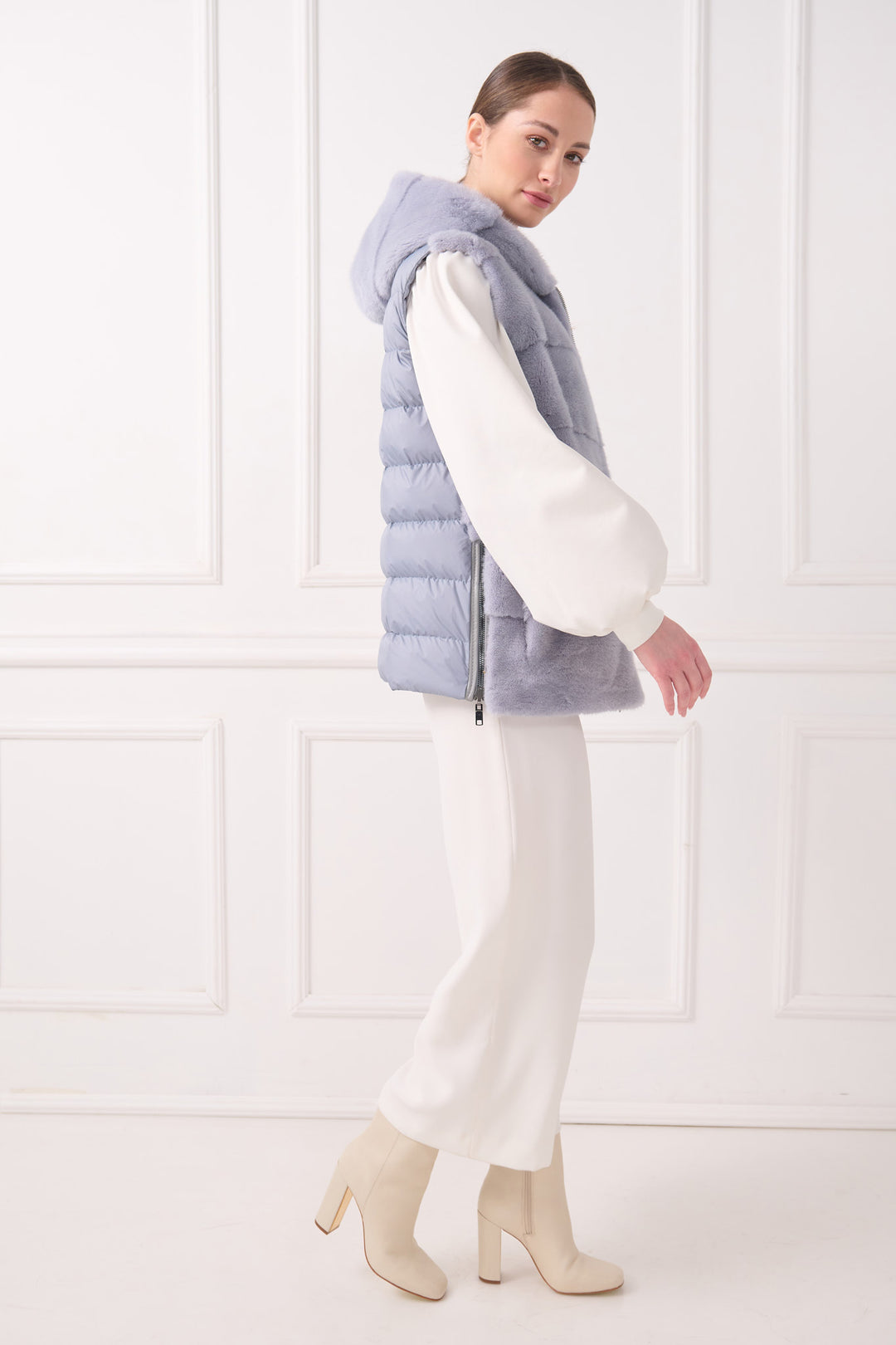Hooded down vest with mink