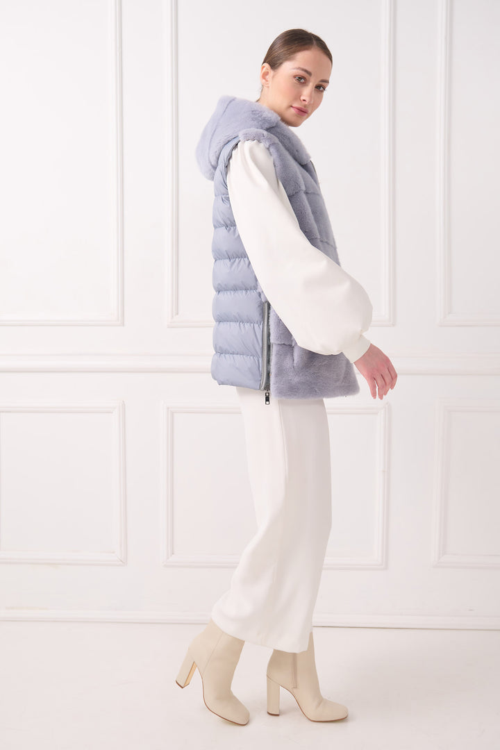 Hooded down vest with mink