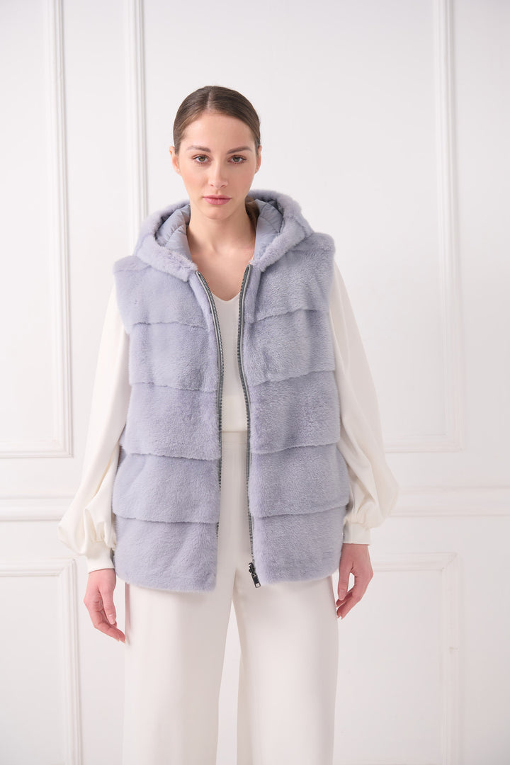 Hooded down vest with mink
