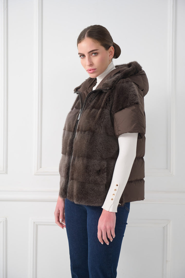 Hooded Mink Fur Vest with Short Sleeves