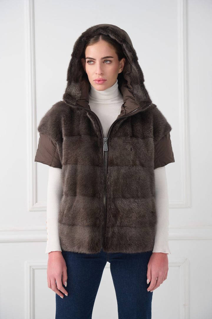 Hooded Mink Fur Vest with Short Sleeves