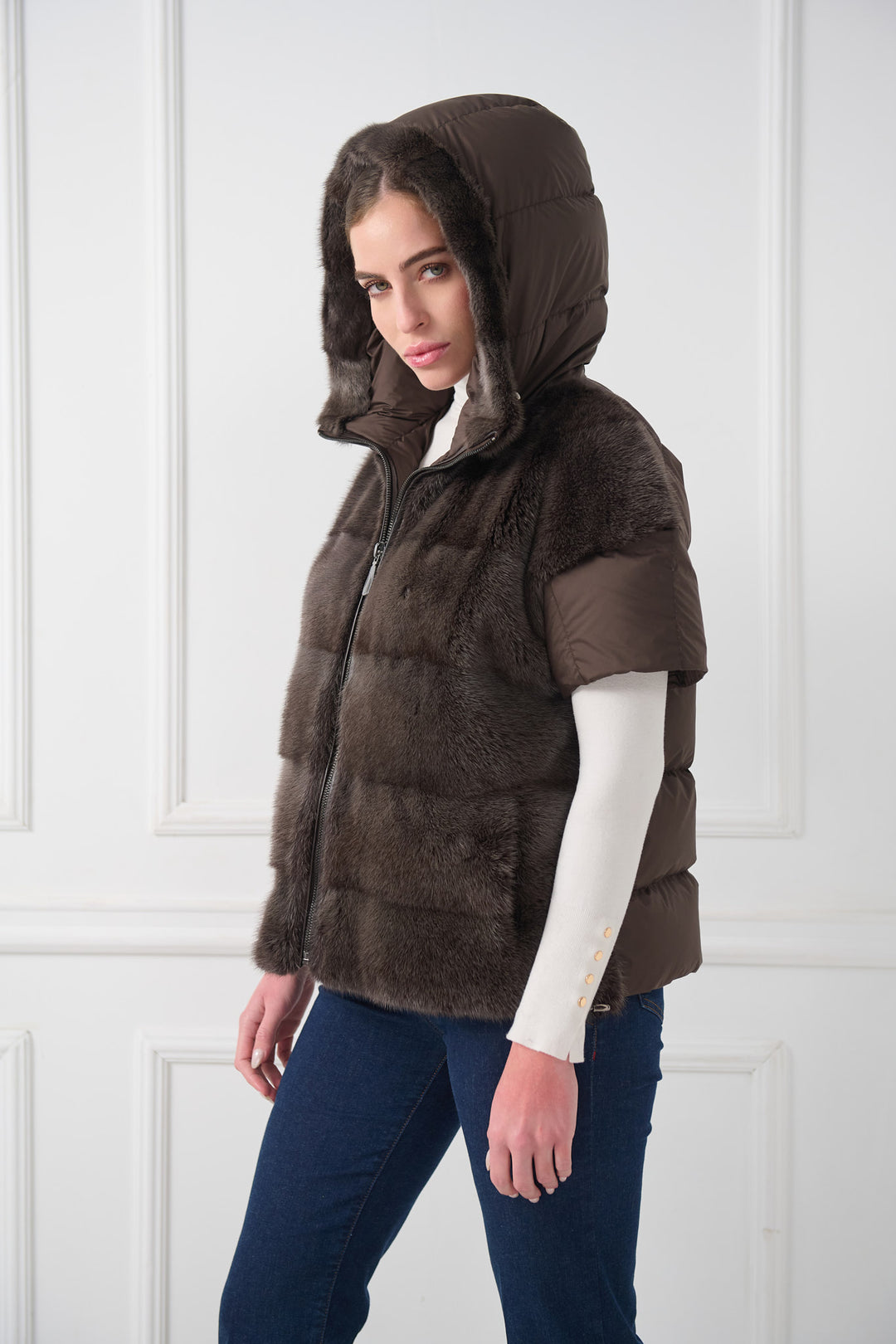 Hooded Mink Fur Vest with Short Sleeves