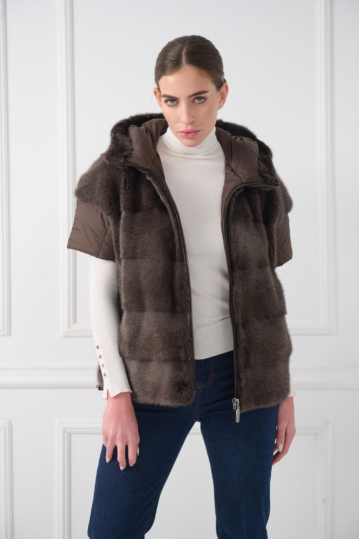 Hooded Mink Fur Vest with Short Sleeves