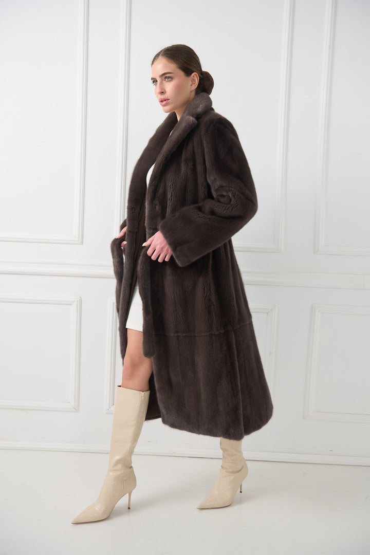 Long Mink Fur Coat with English Collar and Belt