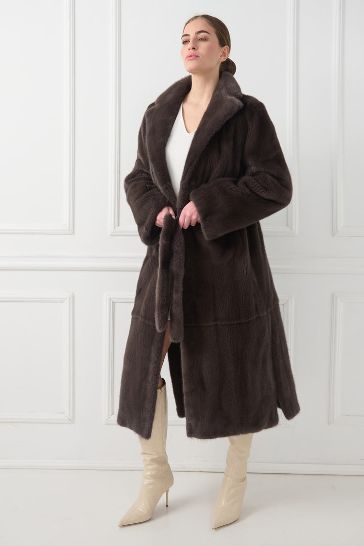 Long Mink Fur Coat with English Collar and Belt