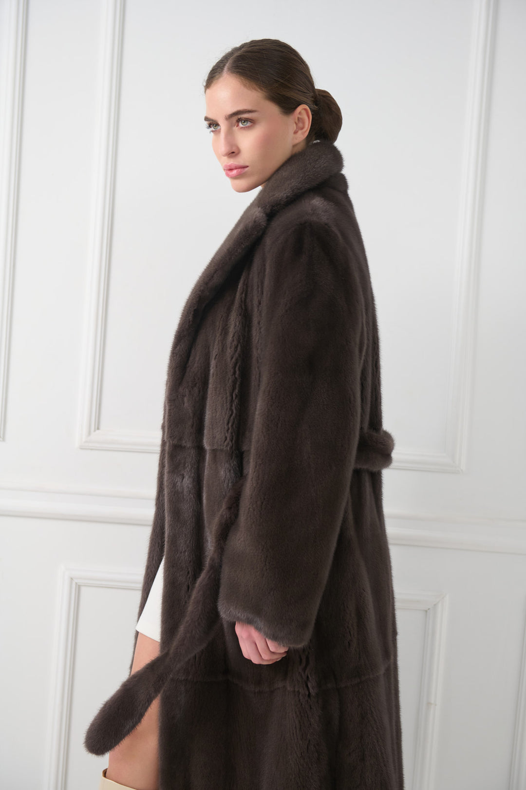 Long Mink Fur Coat with English Collar and Belt