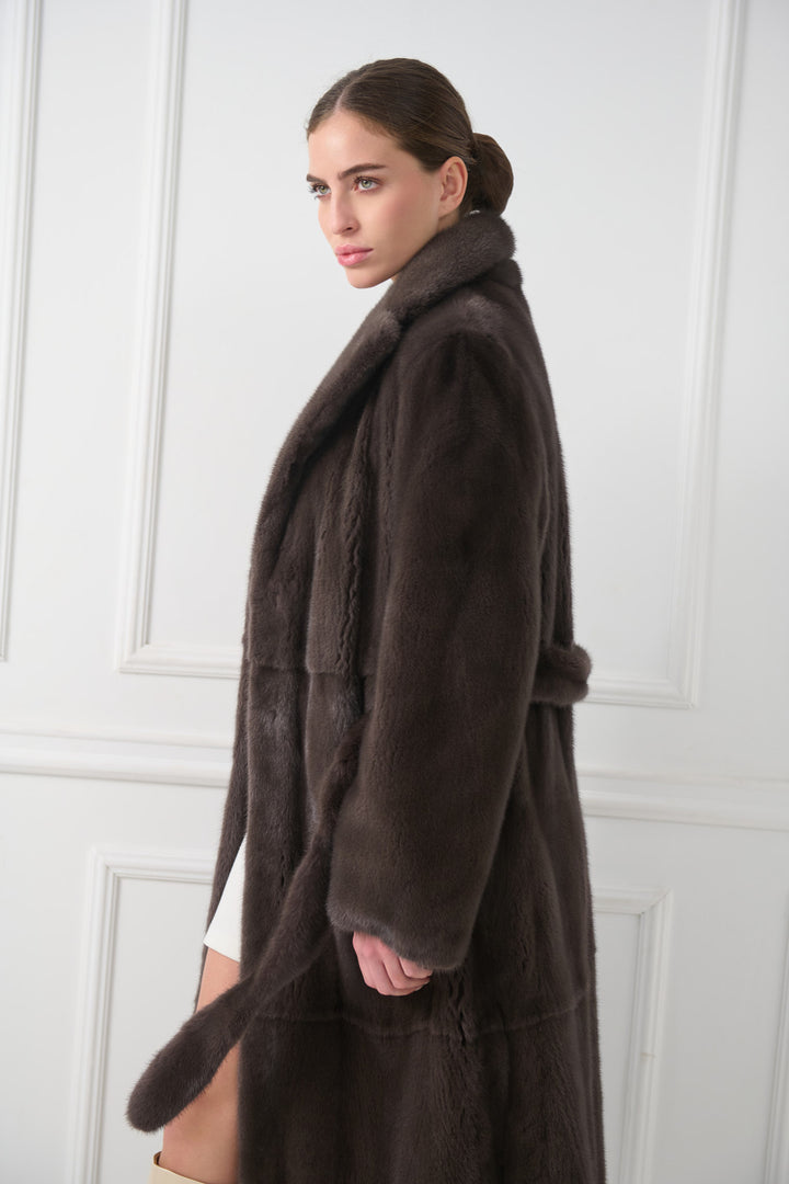 Long Mink Fur Coat with English Collar and Belt