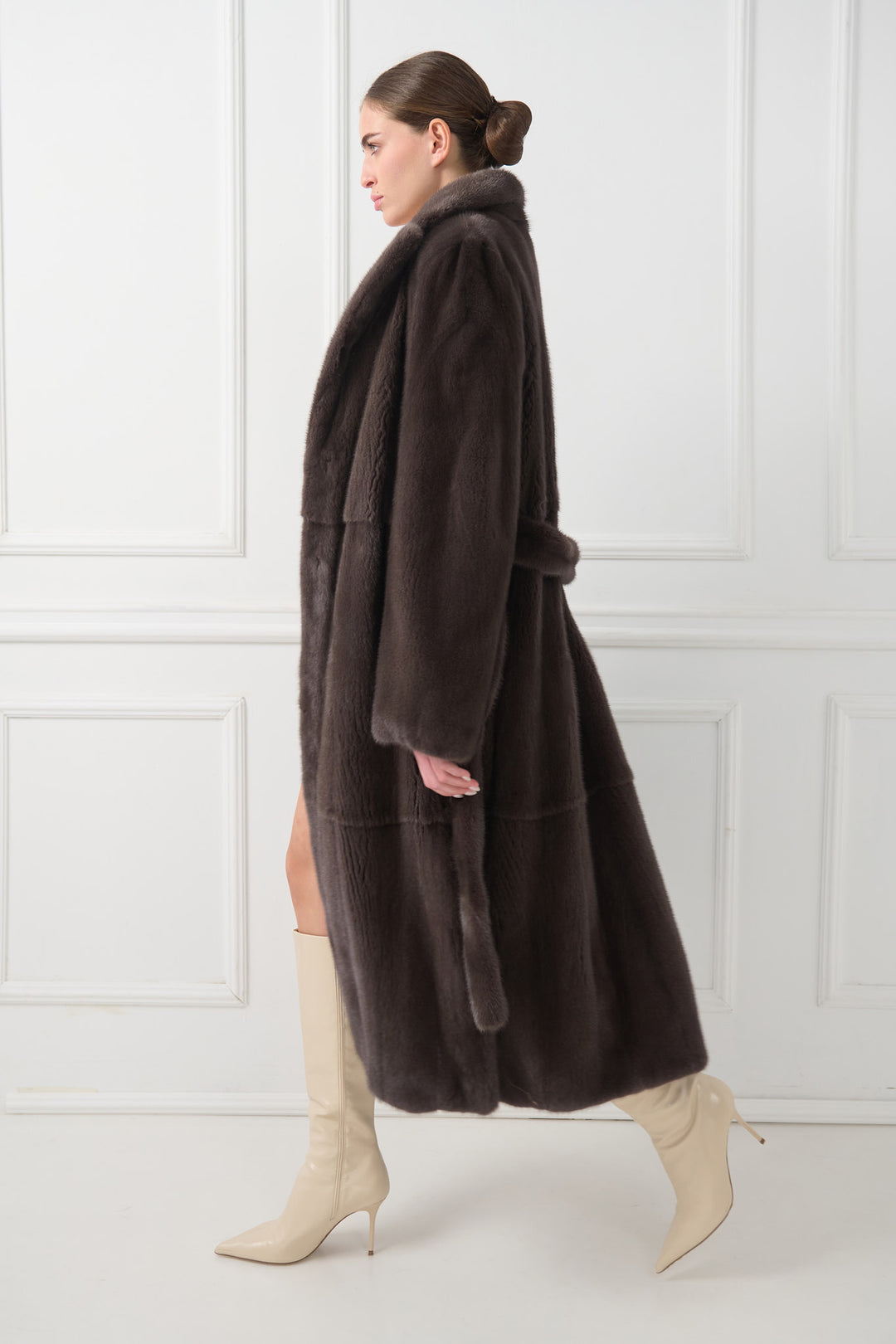 Long Mink Fur Coat with English Collar and Belt