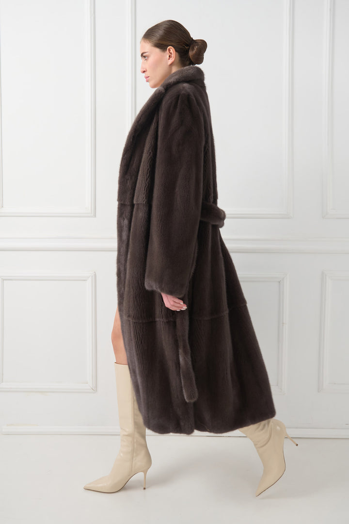 Long Mink Fur Coat with English Collar and Belt