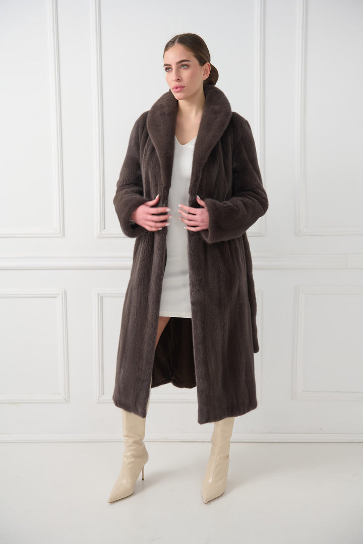 Long Mink Fur Coat with Collar and Belt