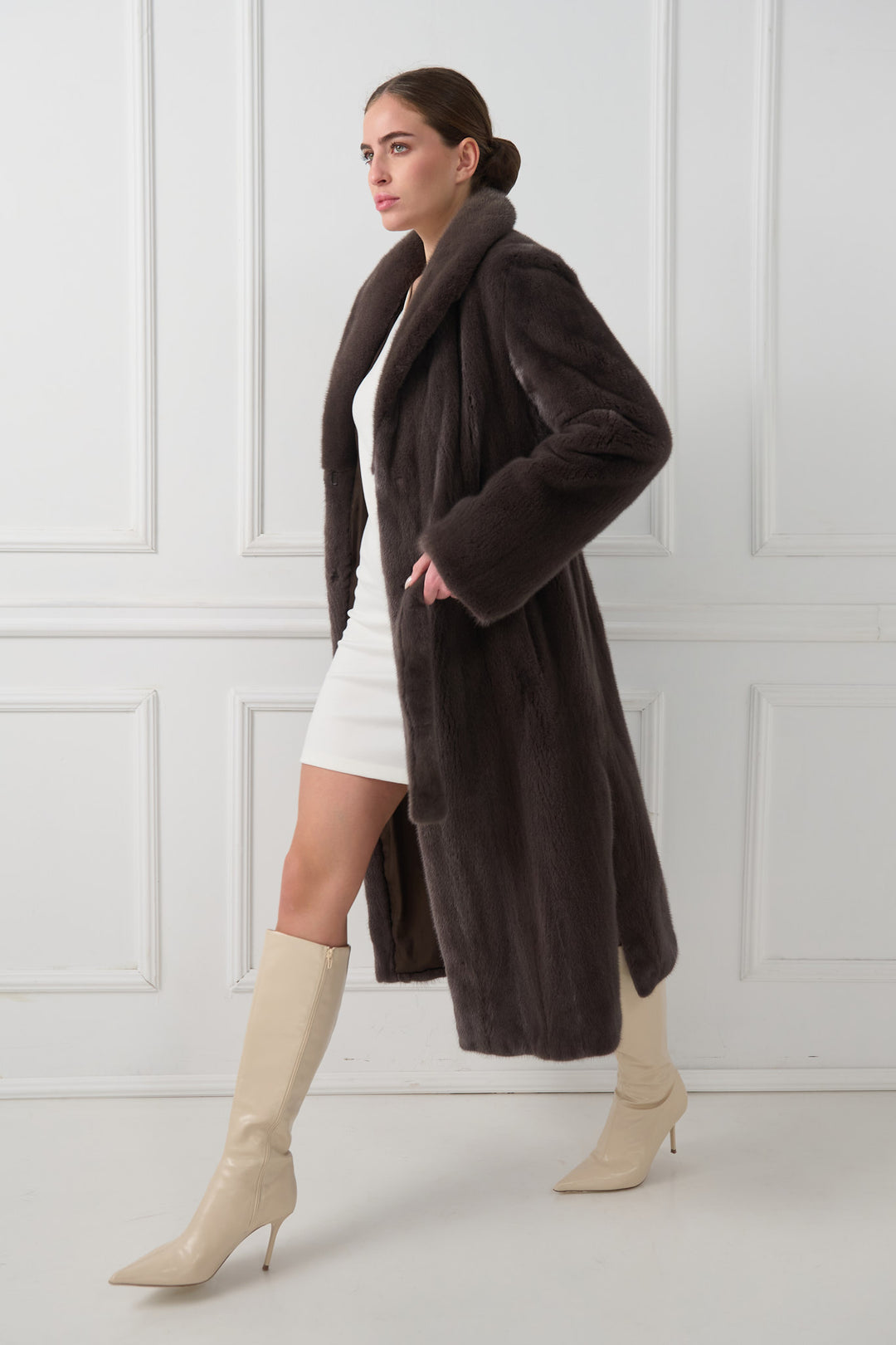 Long Mink Fur Coat with Collar and Belt