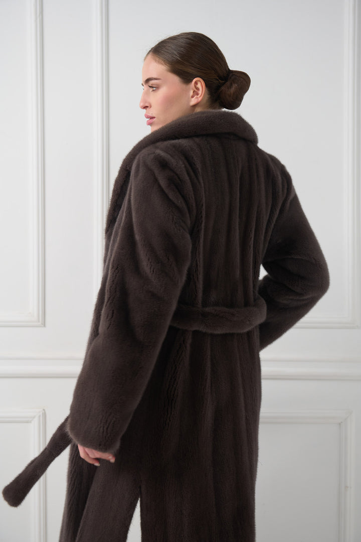 Long Mink Fur Coat with Collar and Belt