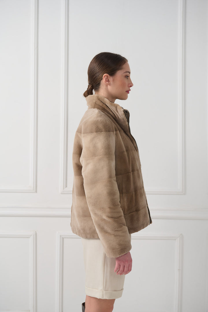 Двусторонняя куртка из стриженой норки с воротником-стойкой