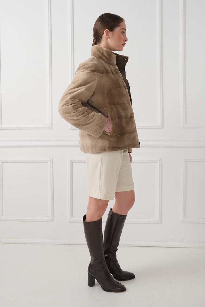 Двусторонняя куртка из стриженой норки с воротником-стойкой
