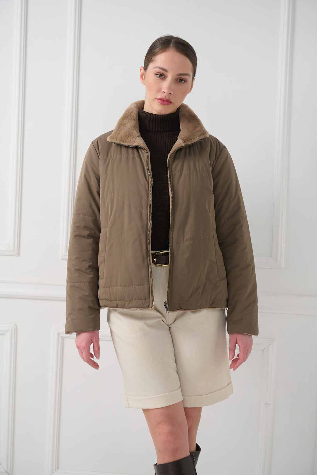 Двусторонняя куртка из стриженой норки с воротником-стойкой