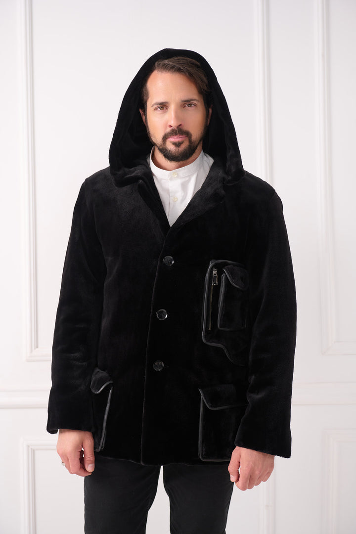 Куртка из стриженой норки для мужчин с капюшоном