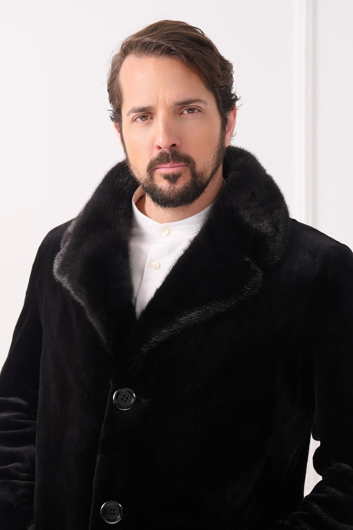 Мужское длинное пальто из стриженой норки с шалевым воротником