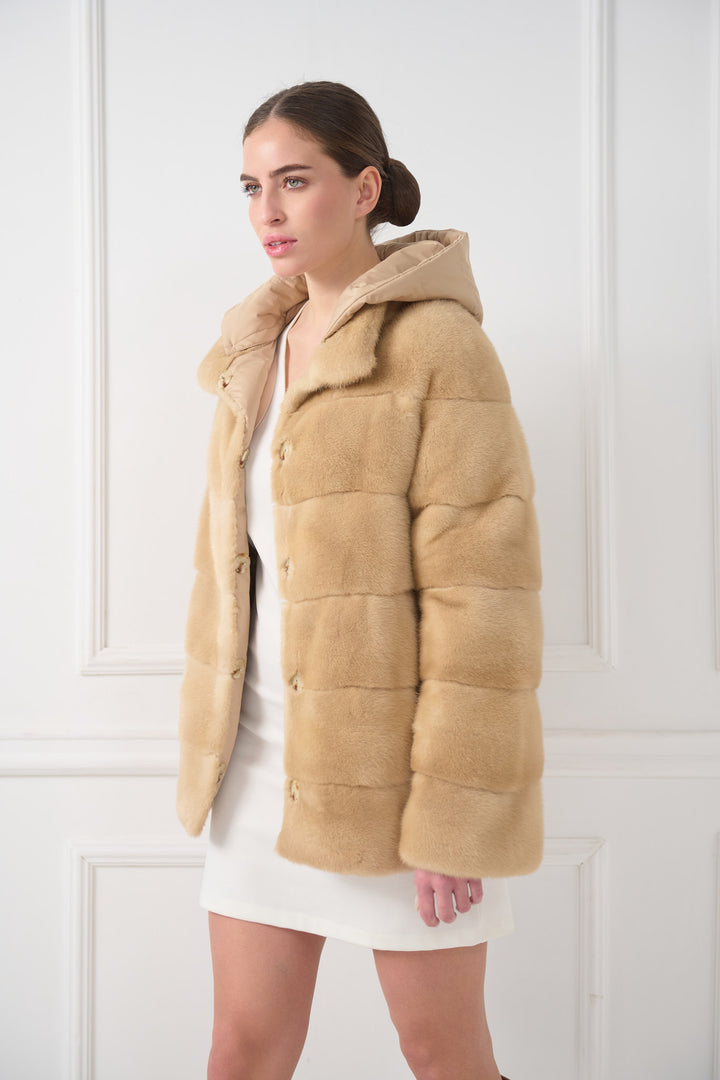 GIACCA IN VISONE REVERSIBILE CON CAPPUCCIO